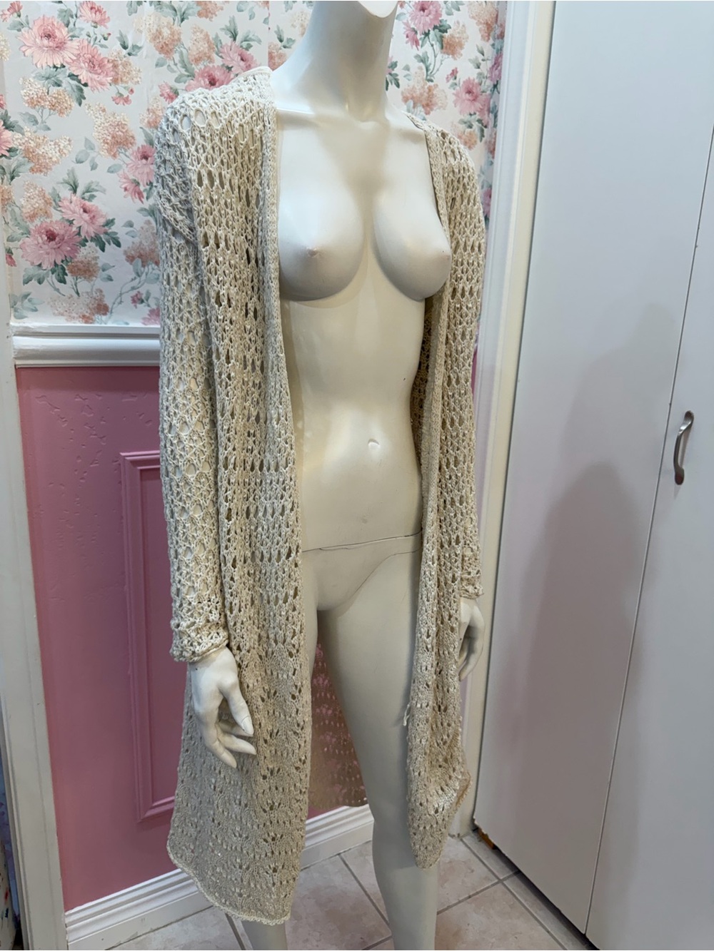 American Eagle Outfitters Longline Open-Knit Cardigan - Cream